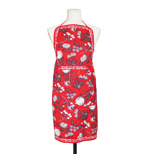 Red Poppy Bee cotton adjustable screen printed apron with berries design